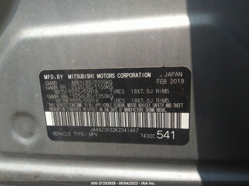 2019 MITSUBISHI OUTLANDER ES/SE/SEL/LE - JA4AZ3A32KZ041467