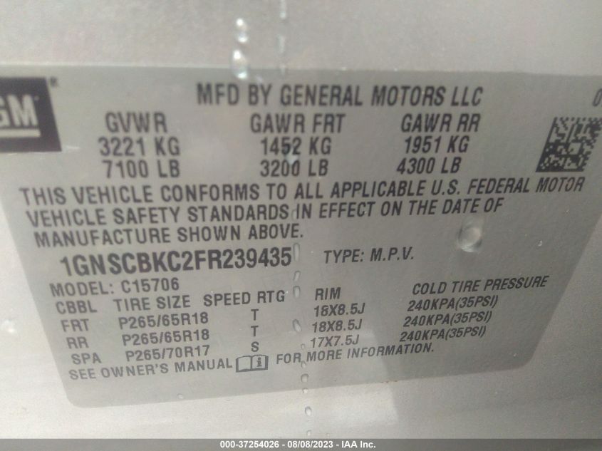 2015 CHEVROLET TAHOE LT - 1GNSCBKC2FR239435