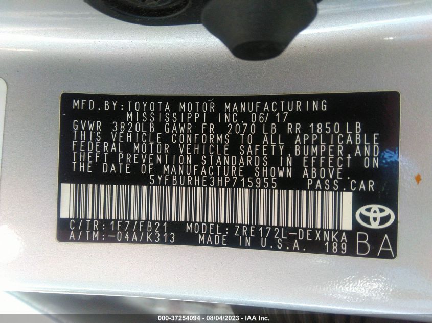 2017 TOYOTA COROLLA L/LE/XLE/SE/XSE - 5YFBURHE3HP715955