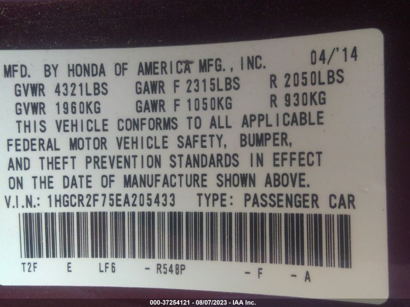 2014 HONDA ACCORD SEDAN EX - 1HGCR2F75EA205433