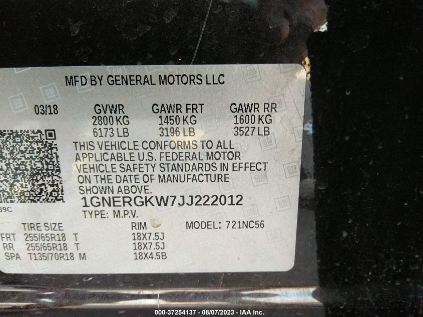 2018 CHEVROLET TRAVERSE LT CLOTH - 1GNERGKW7JJ222012