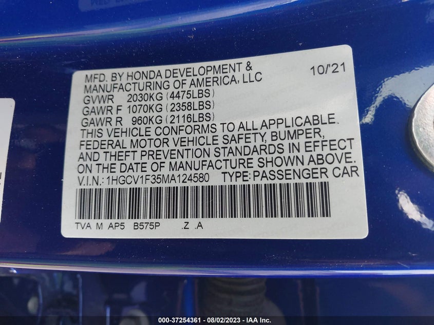 VIN 1HGCV1F35MA124580 2021 HONDA ACCORD SEDAN SPORT