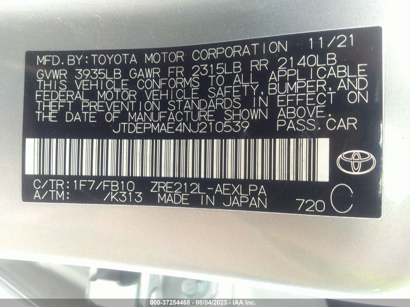 VIN JTDEPMAE4NJ210539 2022 TOYOTA COROLLA LE