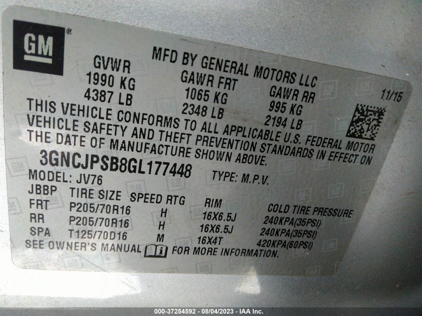 2016 CHEVROLET TRAX LT - 3GNCJPSB8GL177448