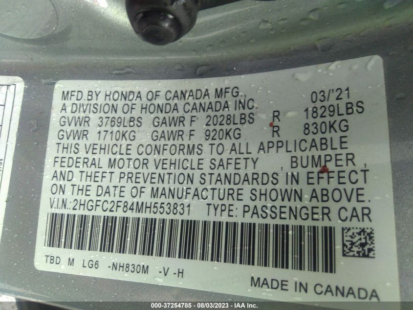 2021 HONDA CIVIC SEDAN SPORT - 2HGFC2F84MH553831