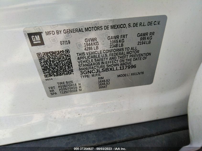 VIN 3GNCJLSBXLL117996 2020 CHEVROLET TRAX 1LT