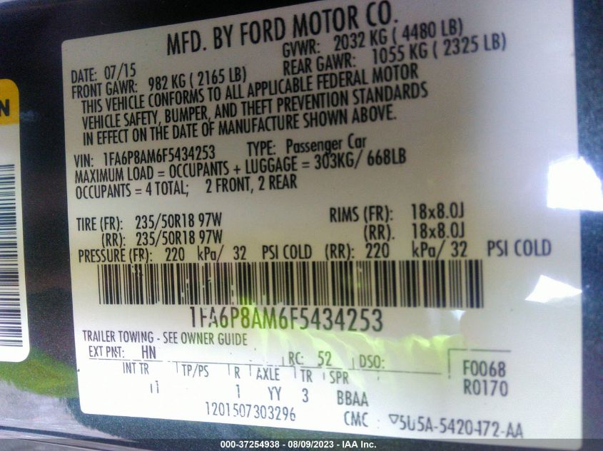 2015 FORD MUSTANG - 1FA6P8AM6F5434253