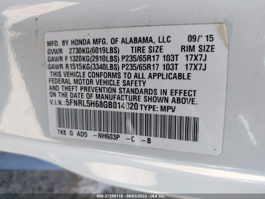 2016 HONDA ODYSSEY EX-L - 5FNRL5H68GB014020