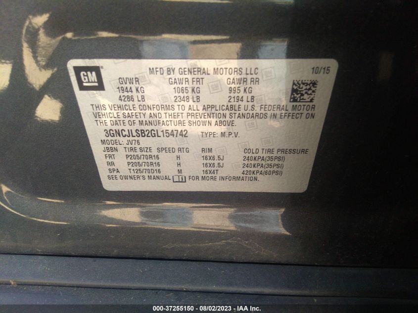 2016 CHEVROLET TRAX LT - 3GNCJLSB2GL154742