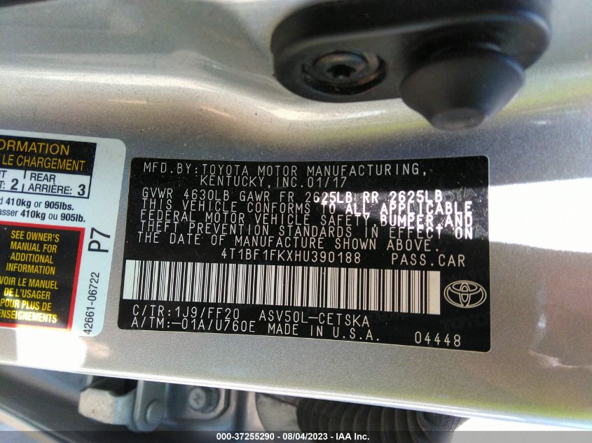 2017 TOYOTA CAMRY XLE/SE/LE/XSE - 4T1BF1FKXHU390188