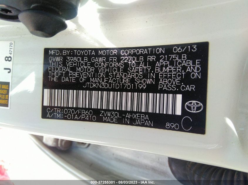 2013 TOYOTA PRIUS ONE/TWO/THREE/FOUR/FIVE - JTDKN3DU1D1701199