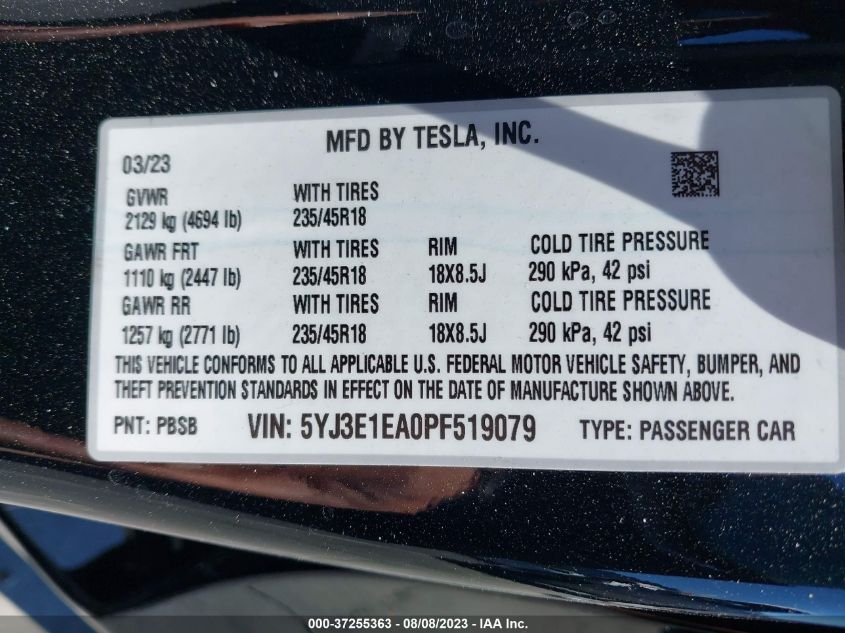 2023 TESLA MODEL 3 - 5YJ3E1EA0PF519079