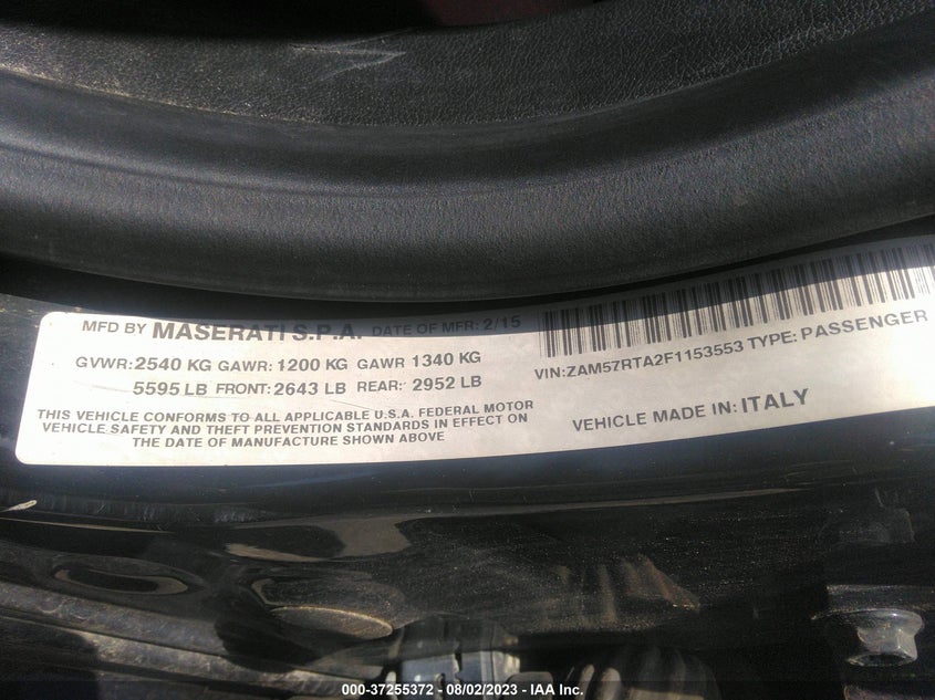 2015 MASERATI GHIBLI VIN: ZAM57RTA2F1153553