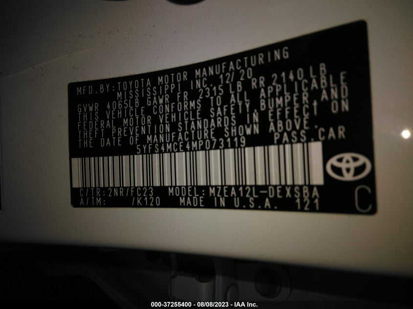 VIN 5YFS4MCE4MP073119 2021 TOYOTA COROLLA SE/NIGHTSHADE/APEX SE