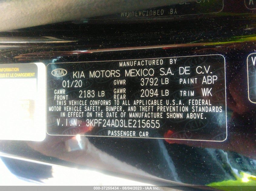 VIN 3KPF24AD3LE215655 2020 KIA FORTE FE/LXS
