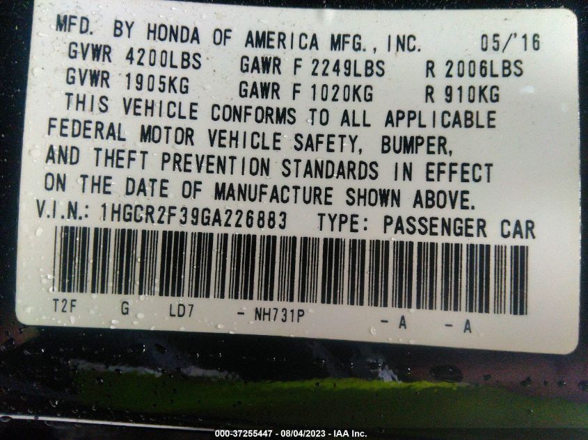 2016 HONDA ACCORD SEDAN LX - 1HGCR2F39GA226883