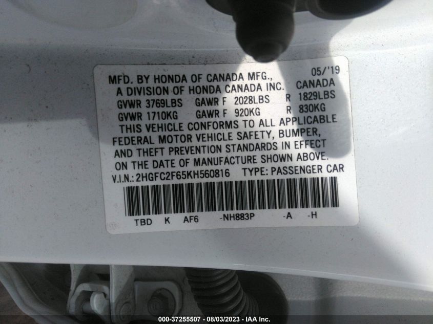 2HGFC2F65KH560816 Honda Civic Sedan LX 9