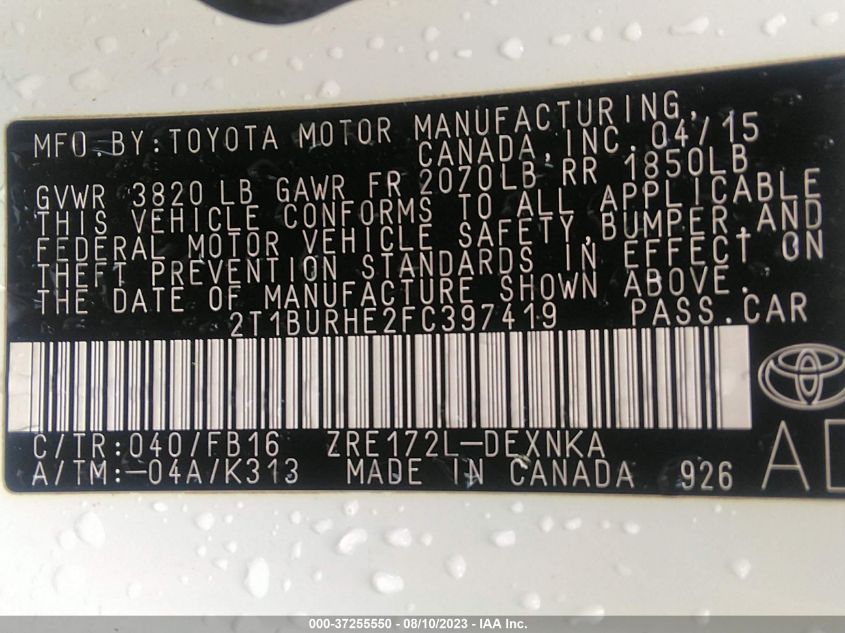 2015 TOYOTA COROLLA L/LE/LE PLS/PRM/S/S PLS - 2T1BURHE2FC397419