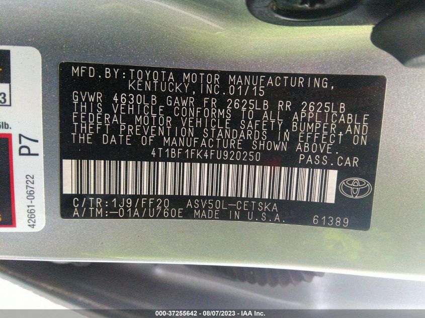 2015 TOYOTA CAMRY XLE/SE/LE/XSE - 4T1BF1FK4FU920250