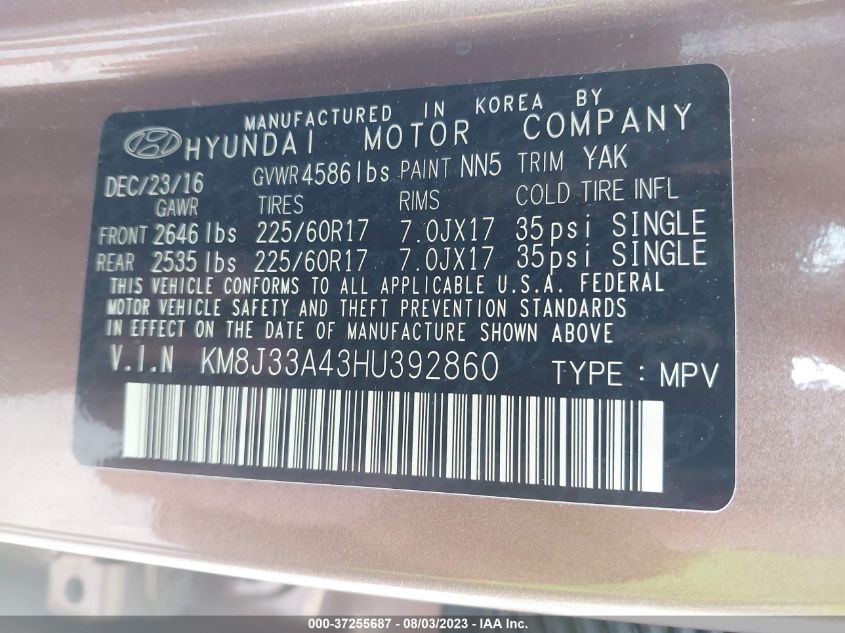 2017 HYUNDAI TUCSON LIMITED/SPORT AND ECO/SE - KM8J33A43HU392860