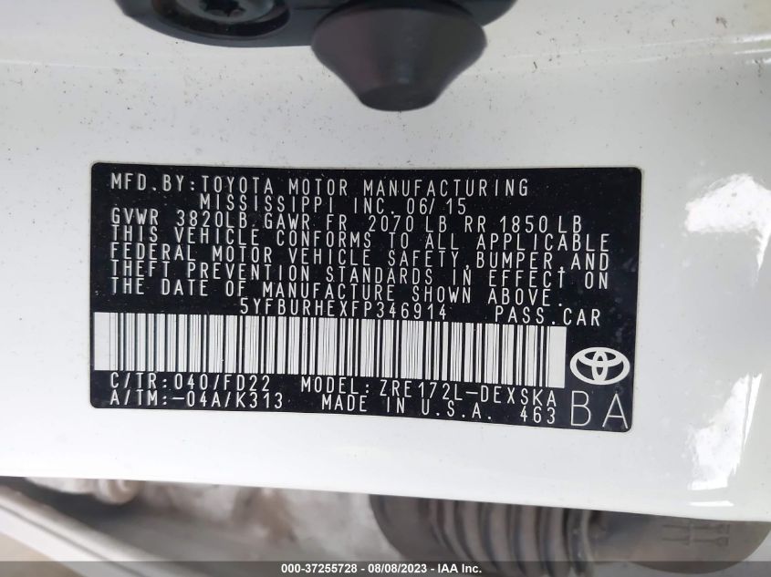 2015 TOYOTA COROLLA L/LE/S/S PLUS/LE PLUS - 5YFBURHEXFP346914