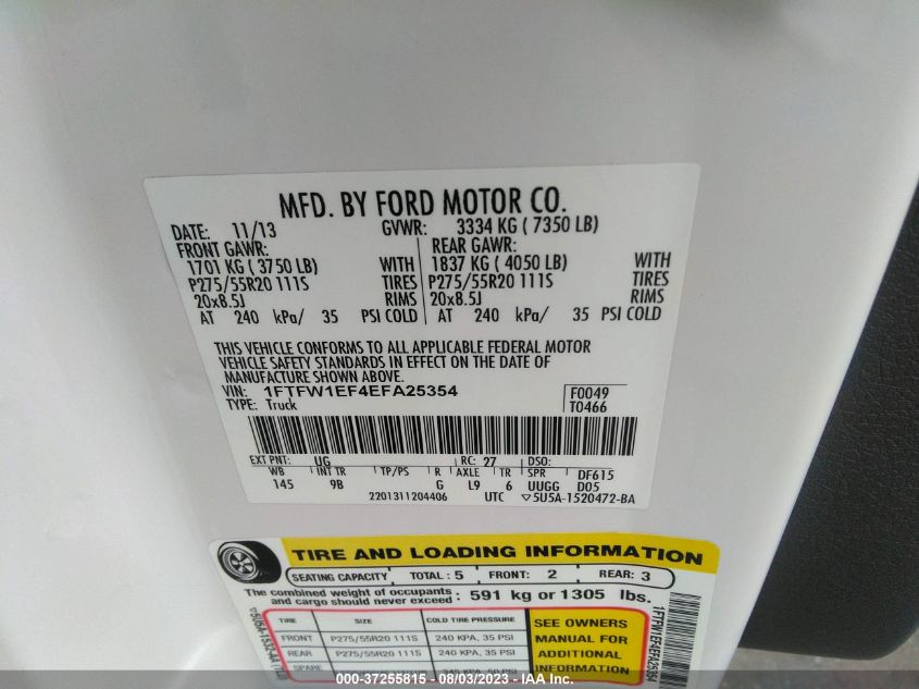 2014 FORD F-150 XL/XLT/STX/FX4/LARIAT - 1FTFW1EF4EFA25354