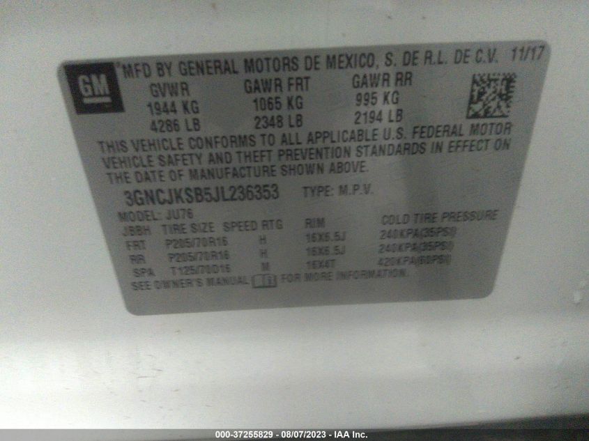 2018 CHEVROLET TRAX LS - 3GNCJKSB5JL236353