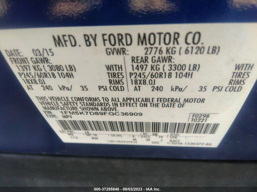 2015 FORD EXPLORER XLT - 1FM5K7D89FGC36909