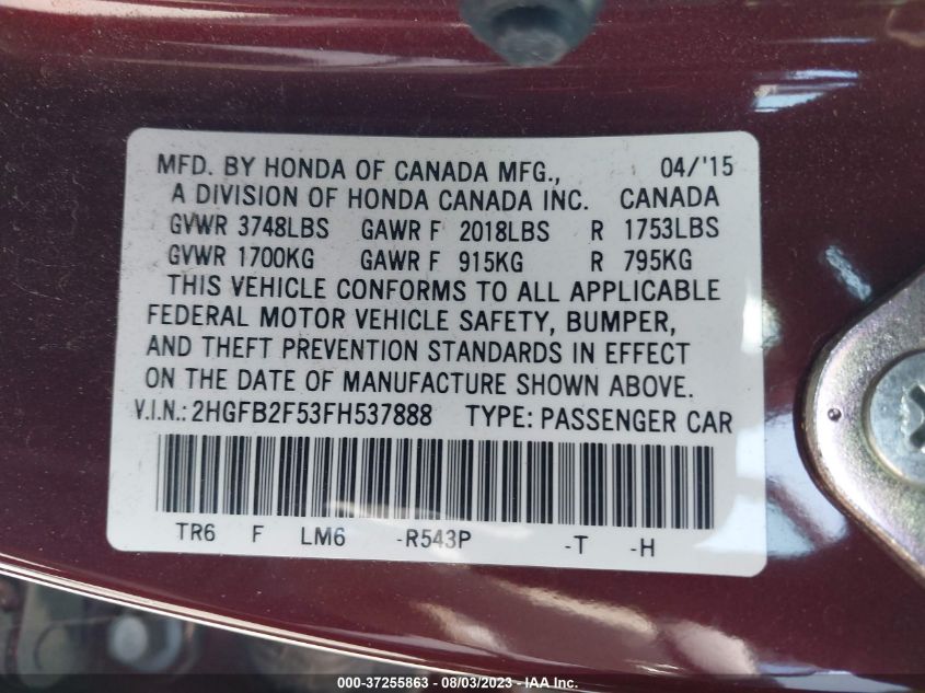 2015 HONDA CIVIC SEDAN LX - 2HGFB2F53FH537888