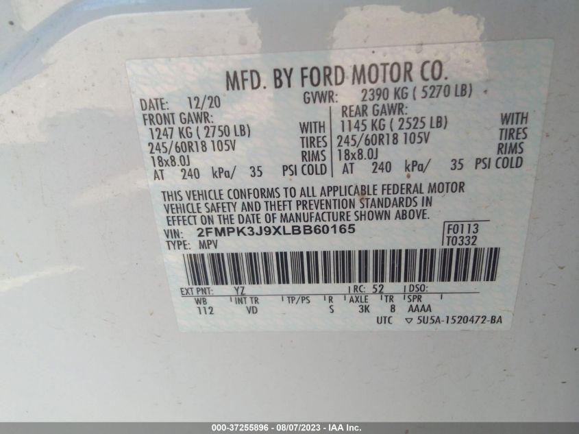 2FMPK3J9XLBB60165 2020 FORD EDGE, photo no. 9