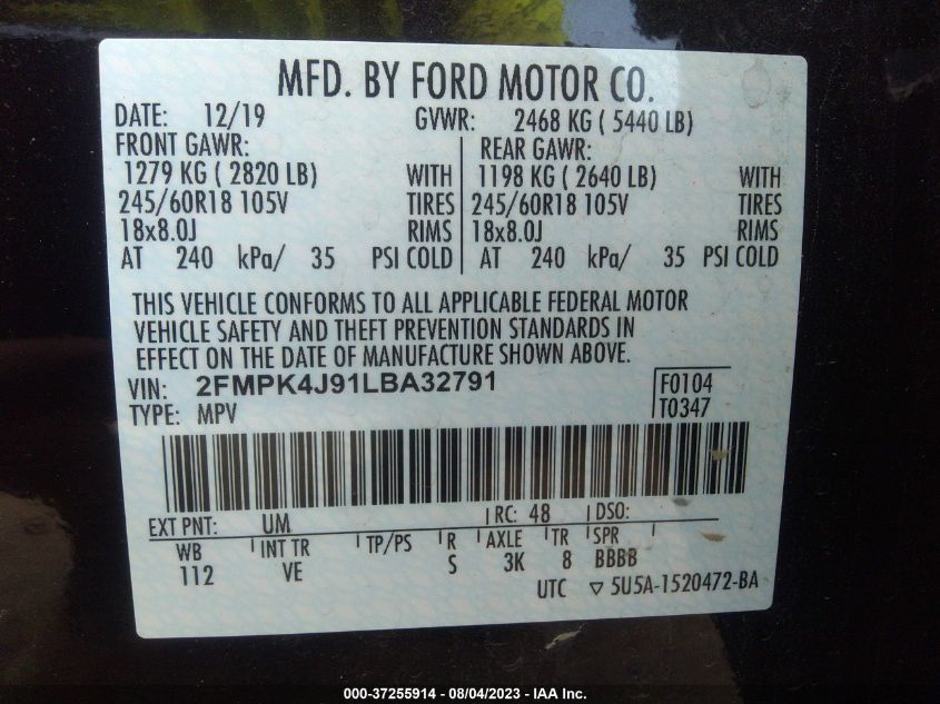 2FMPK4J91LBA32791 2020 FORD EDGE, photo no. 9