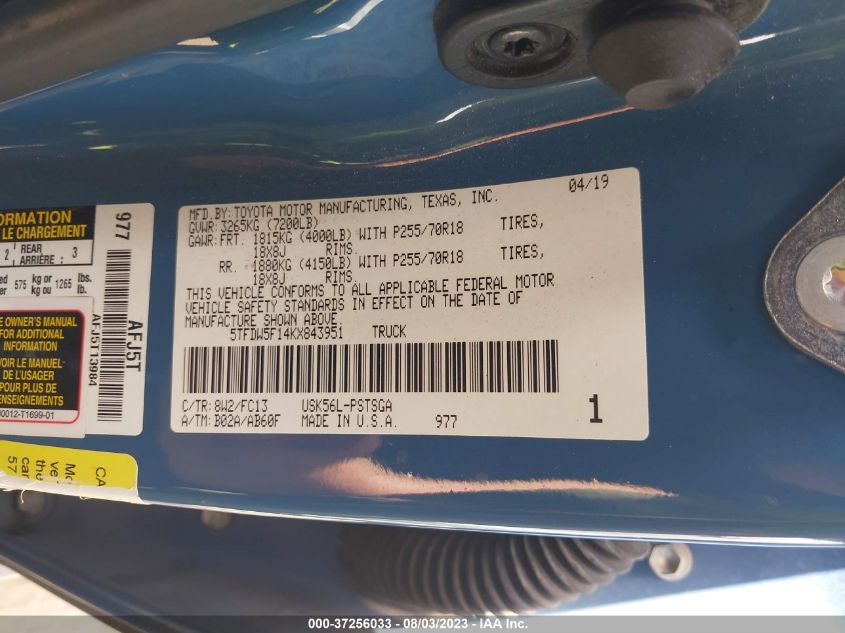 2019 TOYOTA TUNDRA 4WD SR5 - 5TFDW5F14KX843951