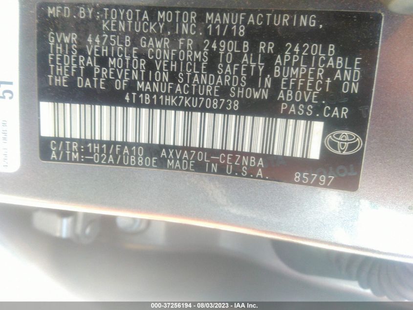 2019 TOYOTA CAMRY LE/SE/XLE/L - 4T1B11HK7KU708738