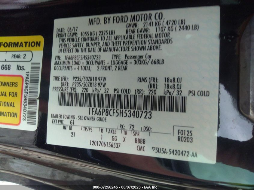 2017 FORD MUSTANG GT - 1FA6P8CF5H5340723