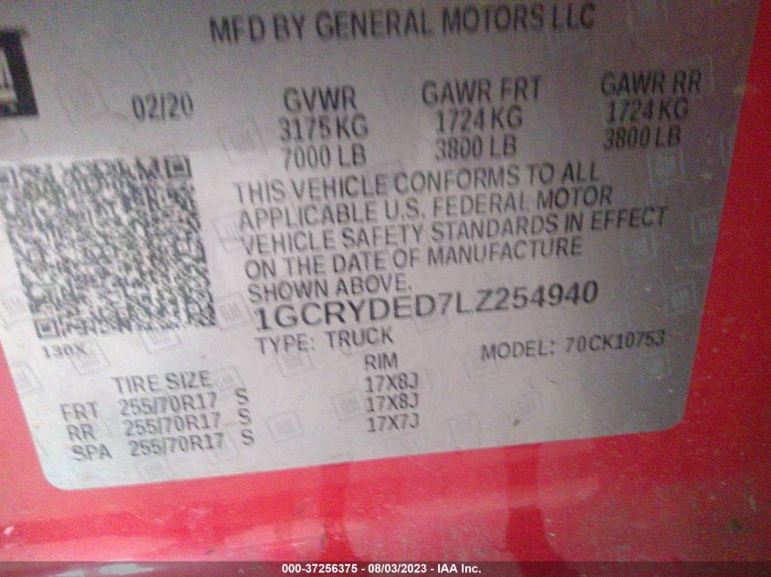 2020 CHEVROLET SILVERADO 1500 LT - 1GCRYDED7LZ254940