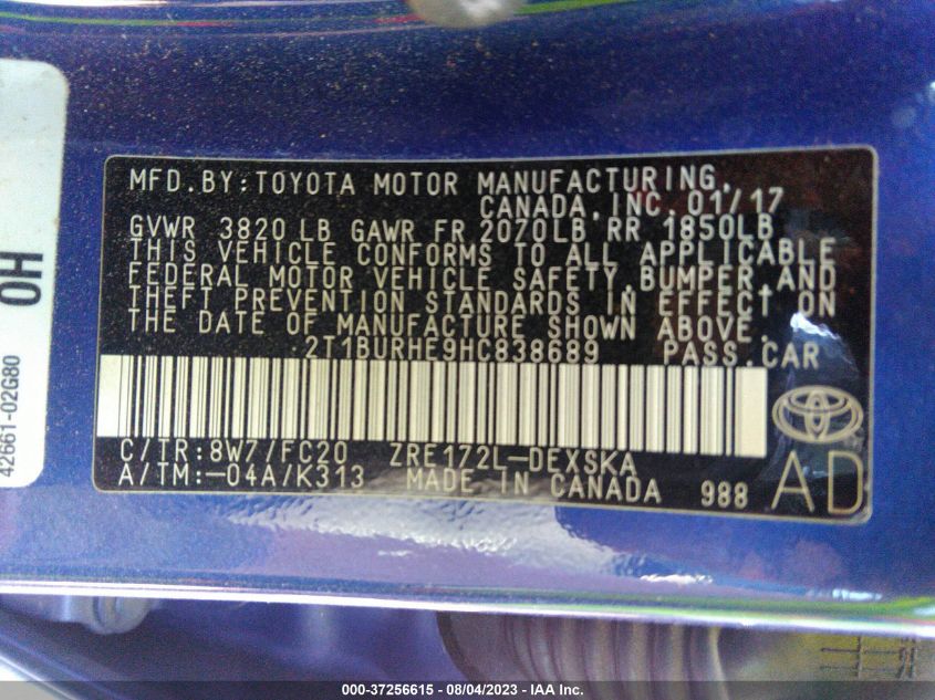 2017 TOYOTA COROLLA L/LE/XLE/SE/XSE - 2T1BURHE9HC838689