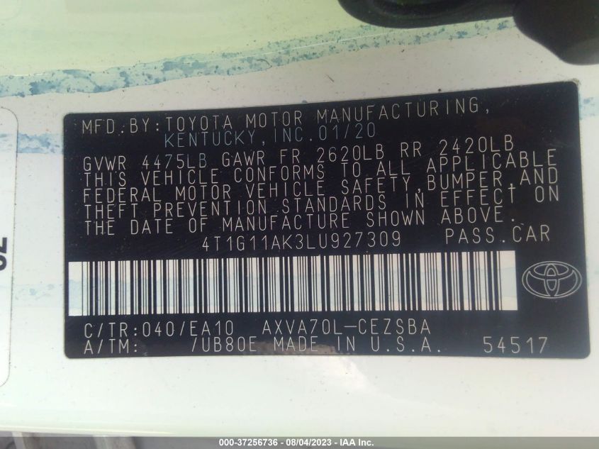 2020 TOYOTA CAMRY SE - 4T1G11AK3LU927309