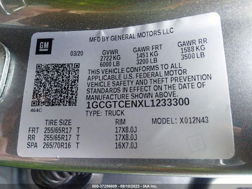 2020 CHEVROLET COLORADO 4WD LT - 1GCGTCENXL1233300