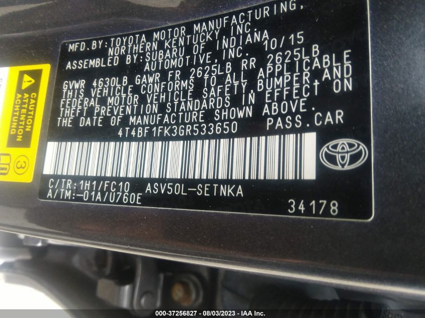 2016 TOYOTA CAMRY XLE/SE/LE/XSE - 4T4BF1FK3GR533650