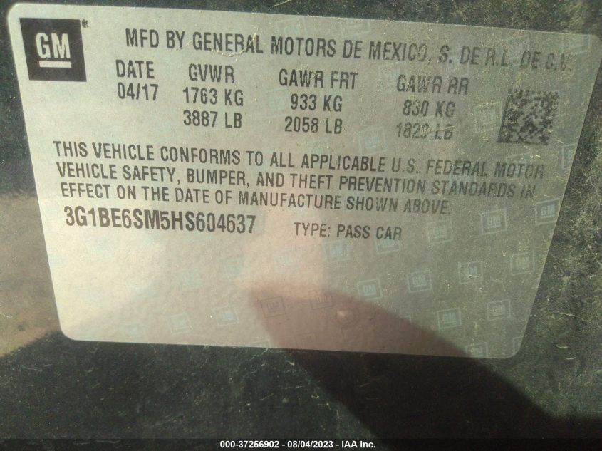 2017 CHEVROLET CRUZE LT - 3G1BE6SM5HS604637