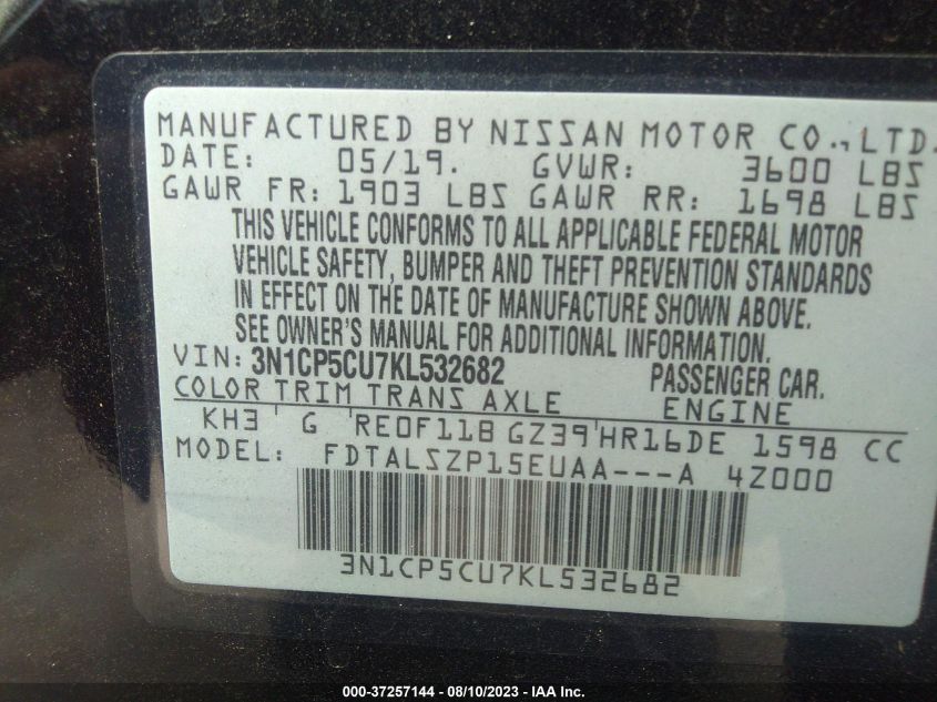 2019 NISSAN KICKS SV - 3N1CP5CU7KL532682