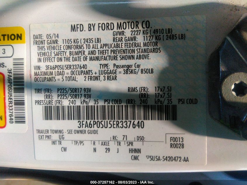 2014 FORD FUSION ENERGI TITANIUM - 3FA6P0SU5ER337640