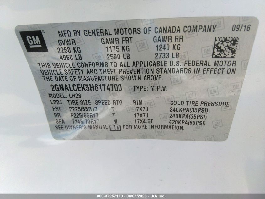 2017 CHEVROLET EQUINOX LT - 2GNALCEK5H6174700