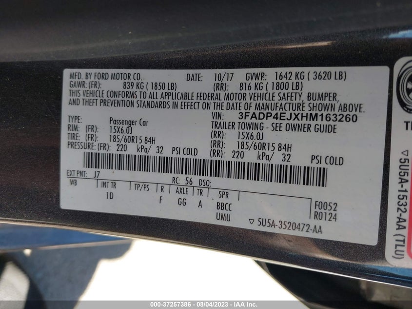 VIN 3FADP4EJXHM163260 2017 FORD FIESTA SE