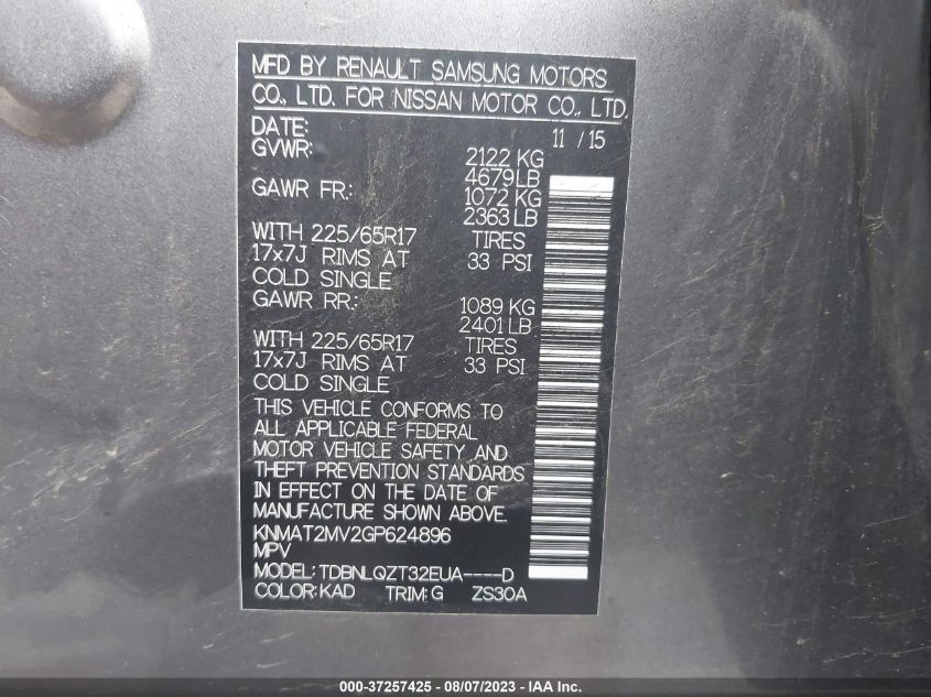 2016 NISSAN ROGUE SV - KNMAT2MV2GP624896