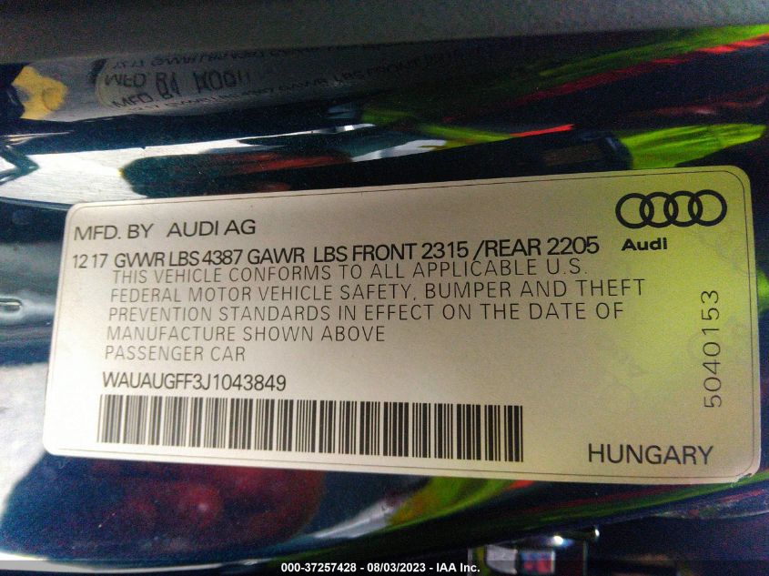2018 AUDI A3 SEDAN PREMIUM/TECH PREMIUM WAUAUGFF3J1043849