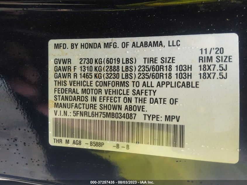 2021 HONDA ODYSSEY EXL - 5FNRL6H75MB034087