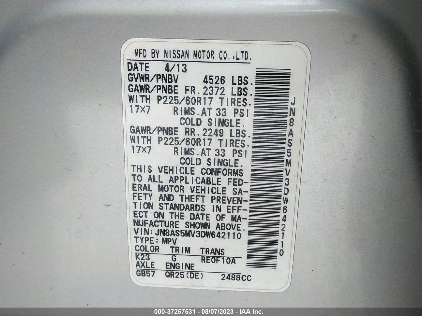 2013 NISSAN ROGUE SV - JN8AS5MV3DW642110