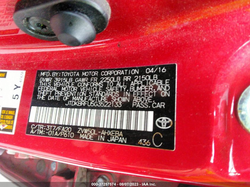 2016 TOYOTA PRIUS TWO - JTDKBRFU5G3522133