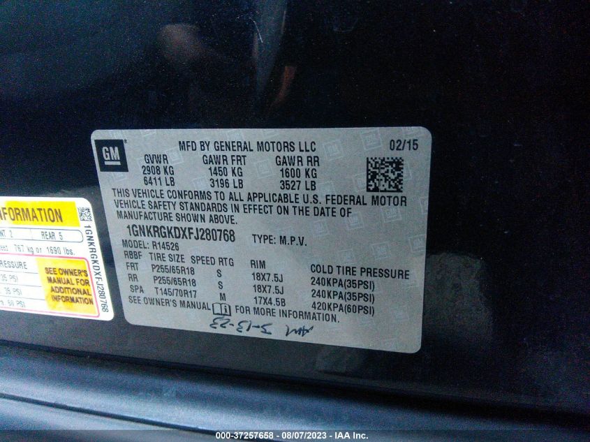 2015 CHEVROLET TRAVERSE LT - 1GNKRGKDXFJ280768